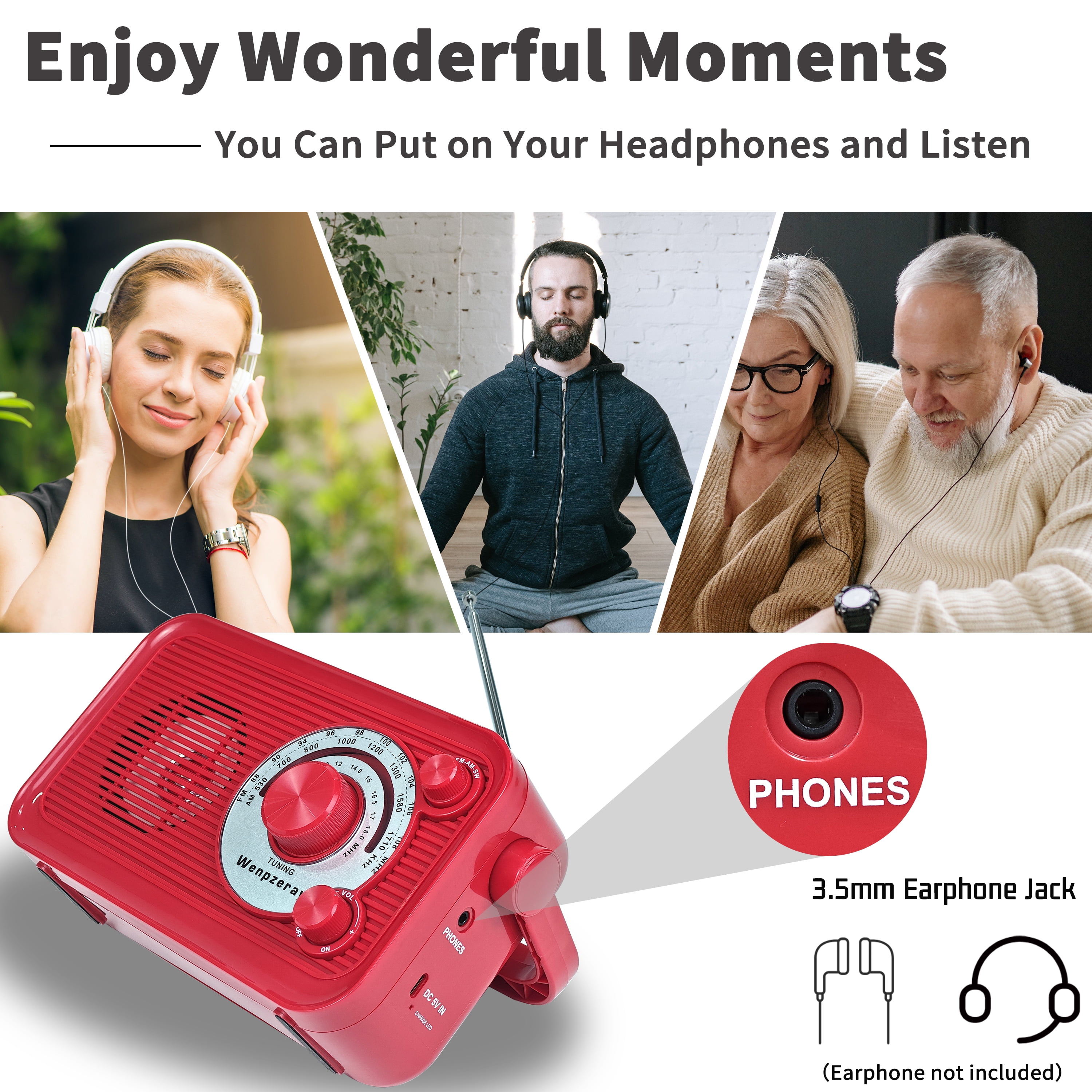 Camping Emergency AM FM Shortwave Radio, DSP Chip Bluetooth Speaker, Type-C Charging Retro Portable Radio Wenpzeray D218 (Red)