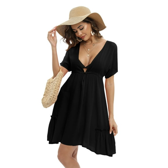 WBQ Women's Swimsuit Coverup Dress Short Sleeve Deep V Neck Beach Dress Drawstring Waist Backless Swim Cover Ups Bikini Beachwear Summer Casual Sexy Dress S-2XL