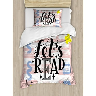 Book Twin Size Duvet Cover Set, Calligraphic Let's Read Inspirational Motivational Quote Printed in Pastel Colors, Decorative 2 Piece Bedding Set with 1 Pillow Sham, Multicolor, by Ambesonne