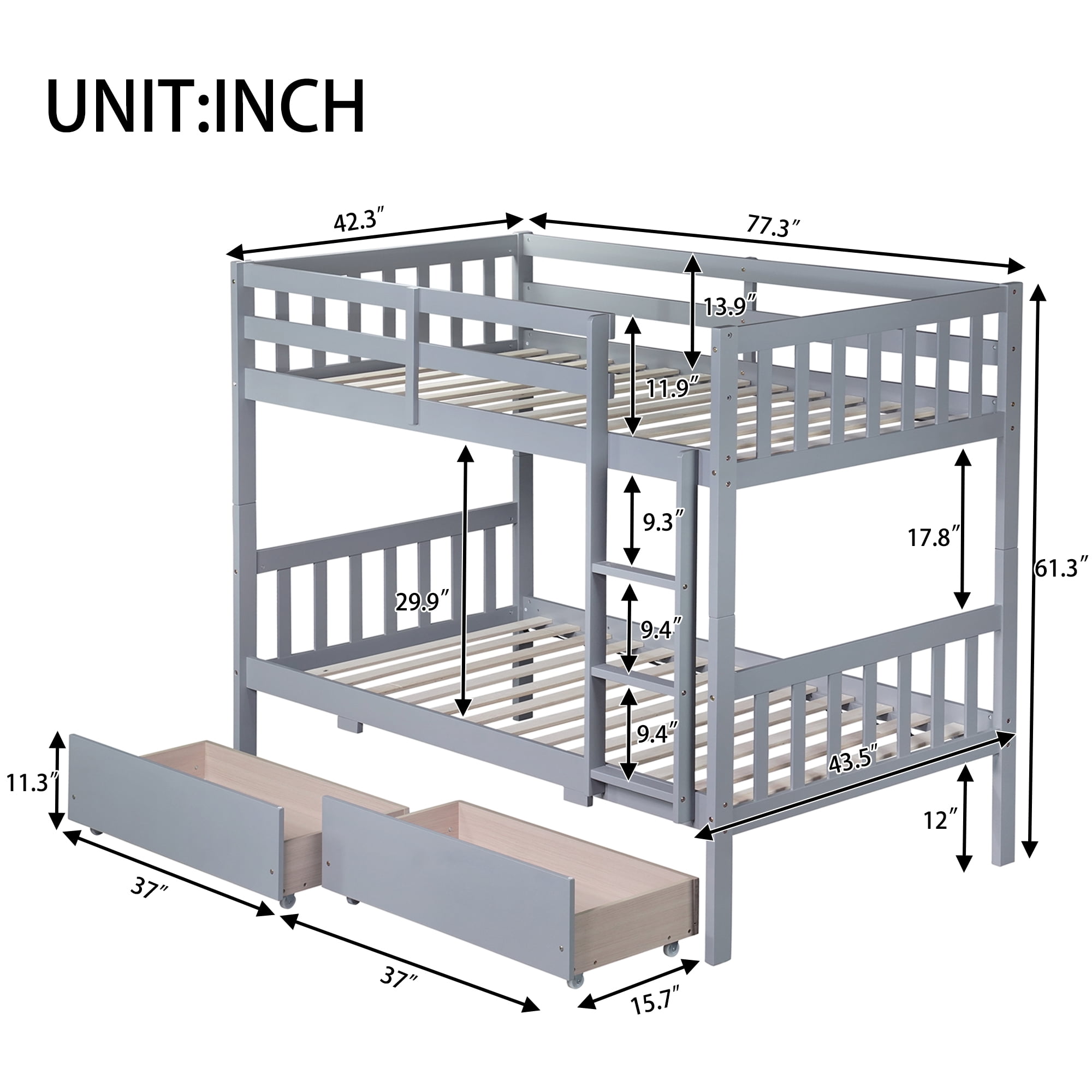 Sailvan Twin Over Twin Rubber Wood Bunk Bed with 2 Drawers, Convertible into 2 Twin Beds