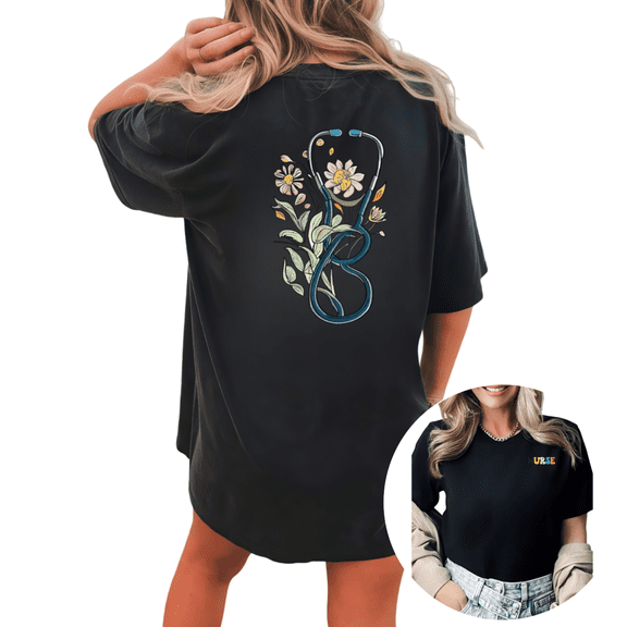 Giffimy Women Nurse Stethoscope Floral Graphic Tees T-Shirt Tops Round Neck Printed Cotton T-Shirt Black S-5XL