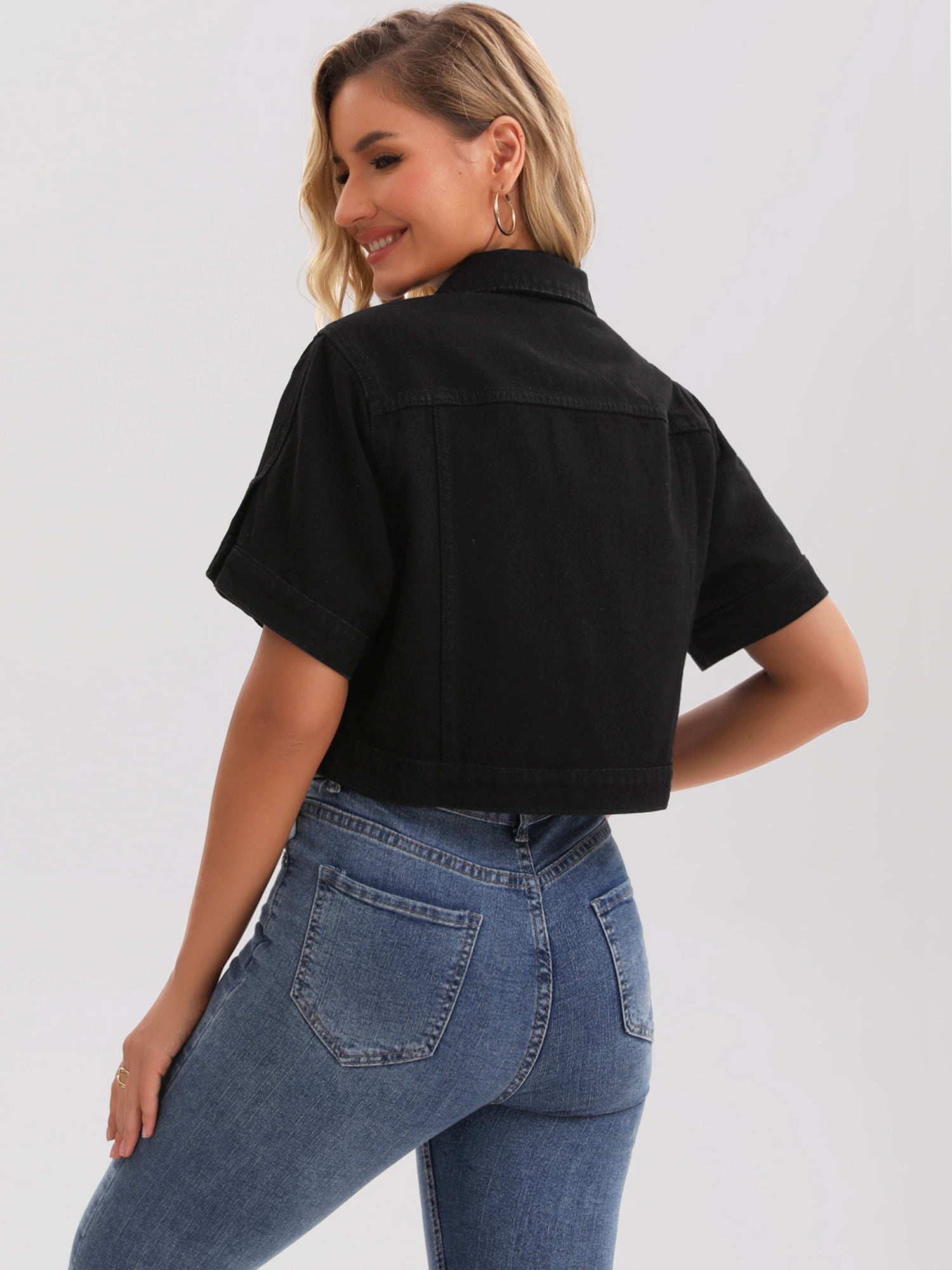 DARING DIVA Women's Short Sleeve Denim rendy Cropped Jean Jacket L Black