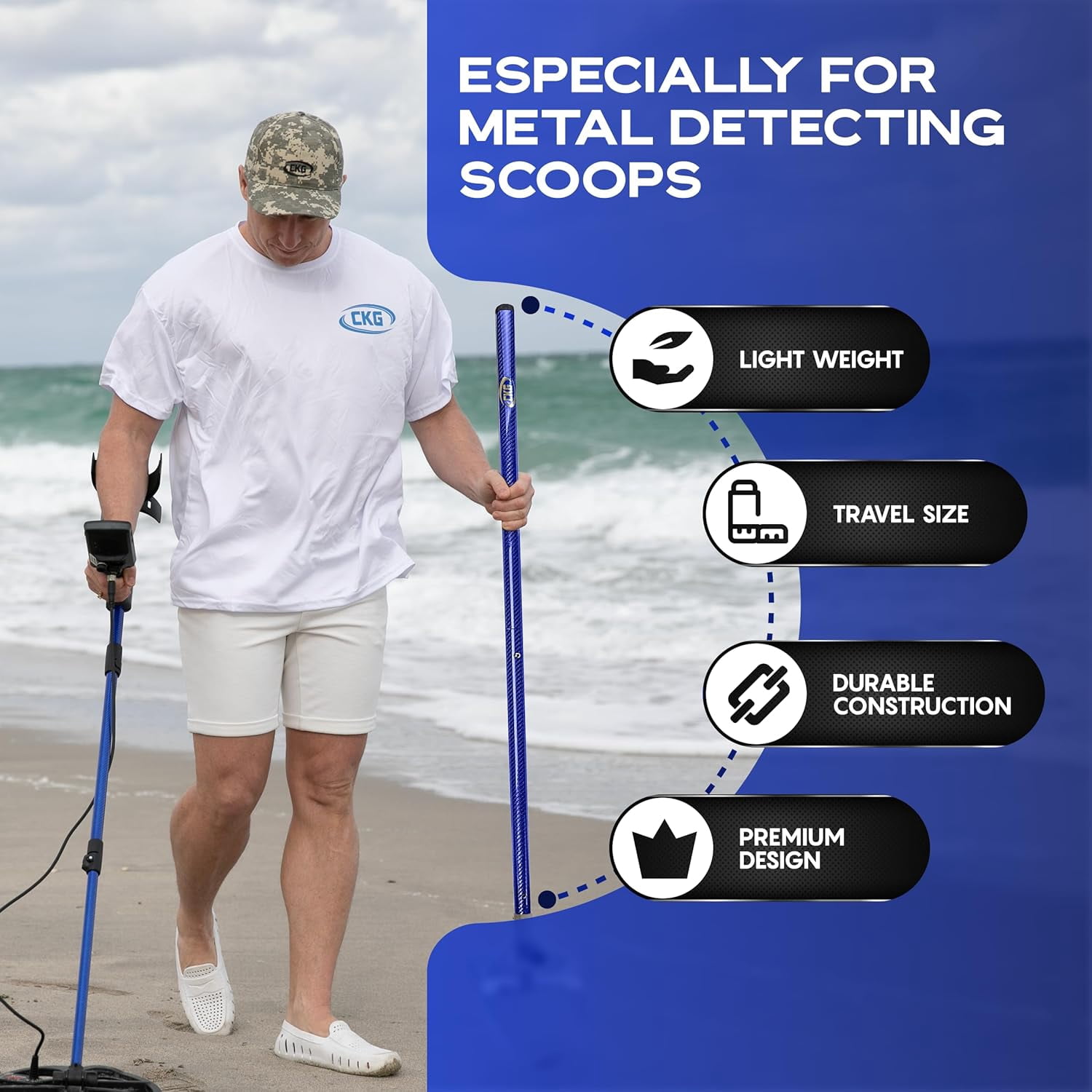CKG Metal Detector Shovel Travel Carbon Handle Total Length 45.5' Diam 1.1 for Scoop Shovel, Universal Lightweight Pole for Beach Metal Detecting Digging Tools – Blue/Travel Size