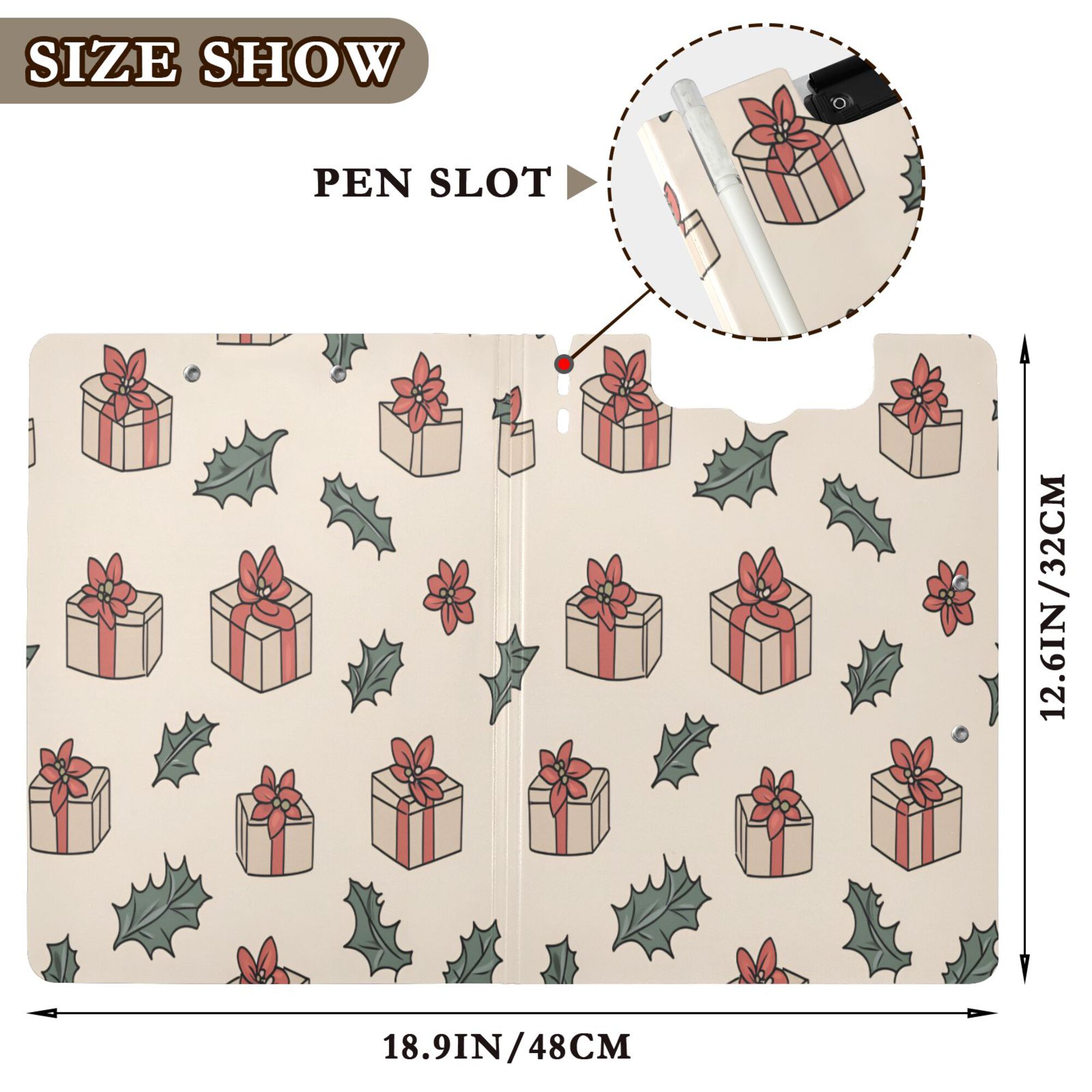 FORMRS A4 Clipboard Folder with Pen Holder Horizontal Foldable School Office Binder, Beige Christmas Gift Pattern