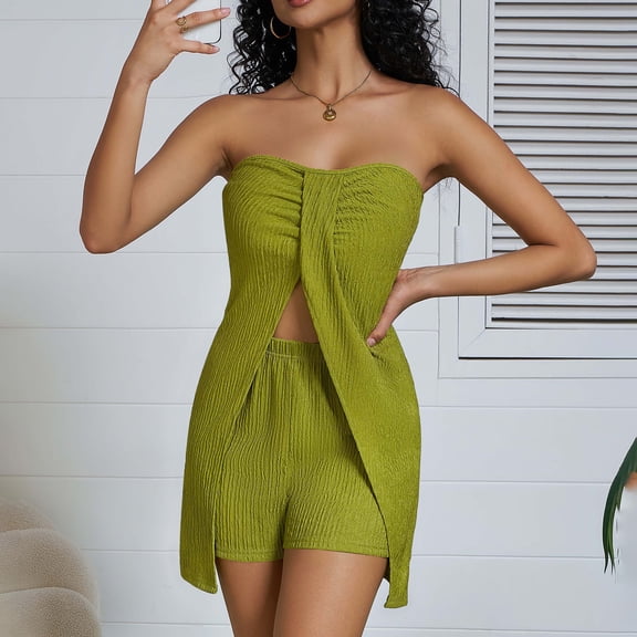 Summer 2 Piece Outfits For Women Casual Solid Color Strapless And Shorts Yellow Loungewear Set S-2XL
