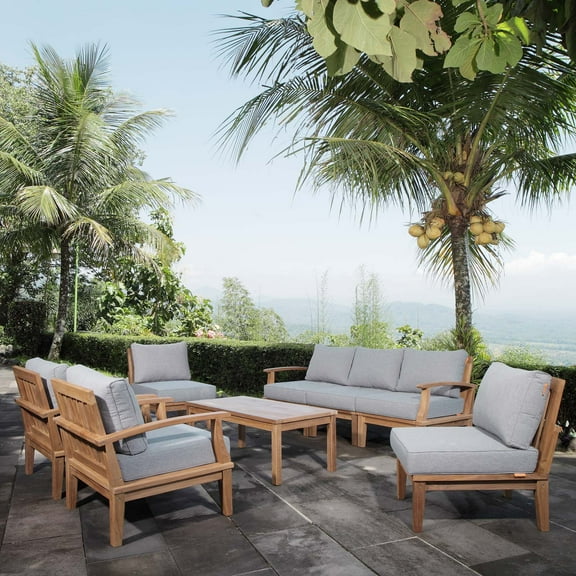 Modway Marina 8 Piece Outdoor Patio Teak Set in Natural Gray