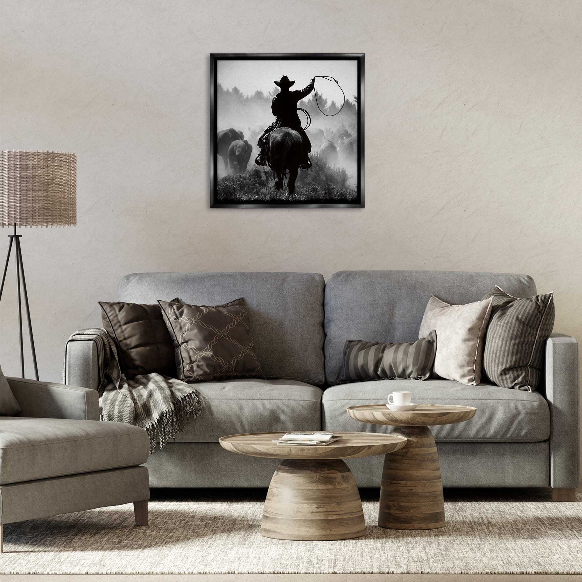 Stupell Industries Cowboy Swinging Lasso People Photography Black Floater Framed Canvas Art Print Wall Art, 25 x 25
