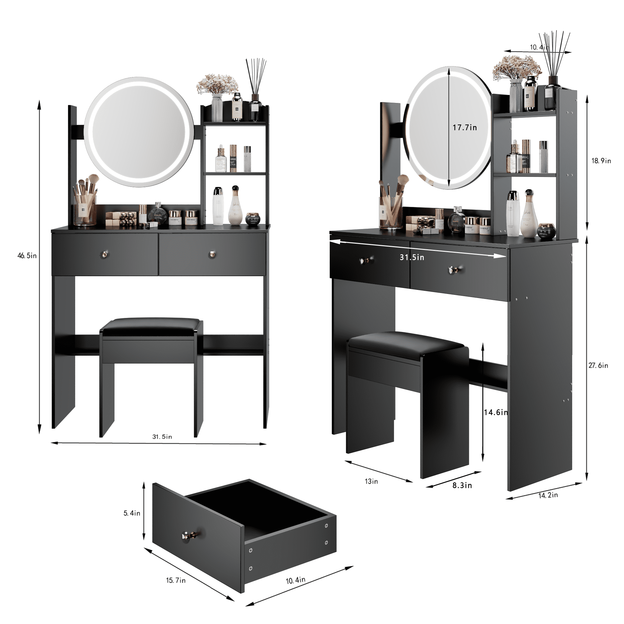 Leumius Makeup Vanity Desk with Mirror and Lights,Dressing Table with 2 Drawers,3 Color Lighting Brightness,Multi-layer High Capacity Storage Makeup Table for Bedroom,Black