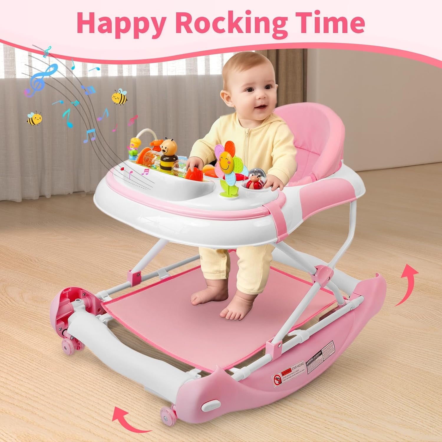 5 in 1 Baby Walker (Walk,Jumper,Rocking,Push,Eating Mode) for Boys Girls,Foldable,Music & Light,Height Adjustable,Wheels for Infant Babies,Pink