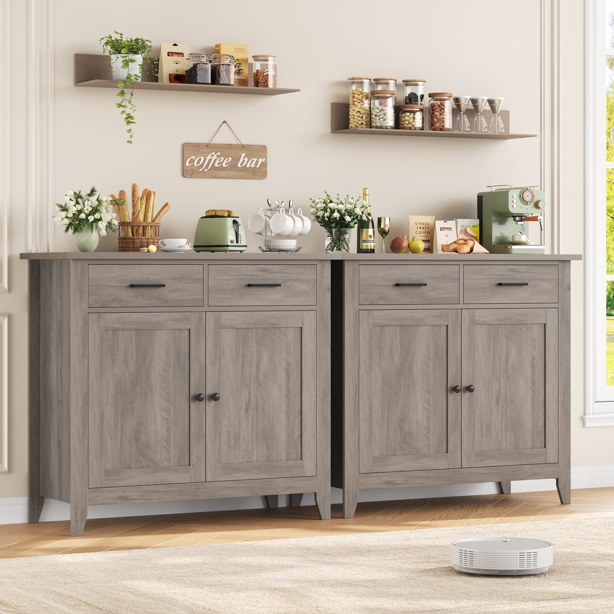 Homfa Kitchen Storage Cabinet, Sideboard Buffet Coffee Bar with 2 Drawers and 2 Doors for Dining Room Living Room, Gray