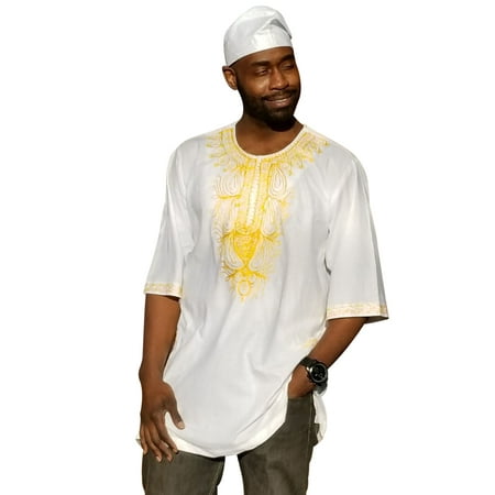 - Off-White African Dashiki Shirt with Golden Orange Embroidery