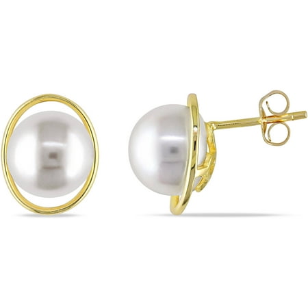 Miabella 9.5-10mm White Button Cultured Freshwater Pearl 10kt Yellow Gold Stud Earrings