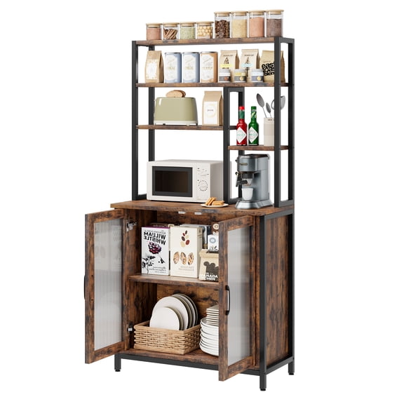 Luku Bakers Rack with Cabinet 64.5" Microwave Stand, Tall Bar Cabinet for Kitchen Living Room, Brown
