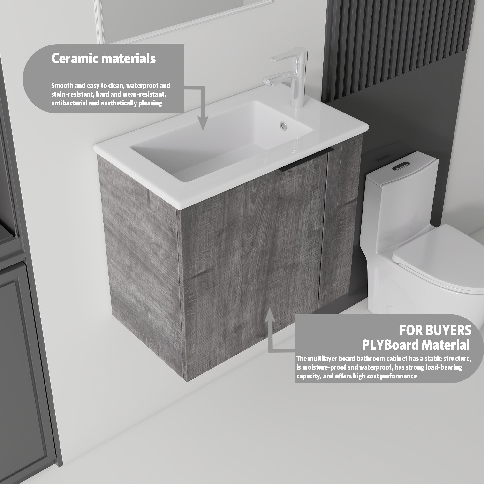 Leumius 22" Floating Bathroom Vanity with Ceramic Sink & Soft-Close Doors,Wall-Mounted Vanity for Small Space,Bathroom,Grey