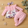 thumbnail image 4 of Atogsazn Newborn Baby Girls Fall Winter Outfits Infant Ruffle Long Sleeve Floral Print Dress Pants Set with Headband Pink 6-12 Months, 4 of 9