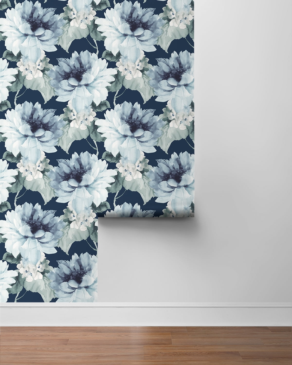 NextWall Harry & Grace Watercolor Floral Peel and Stick Wallpaper 20.5 in. W x 18 ft. L - Navy Blue & Slate Green