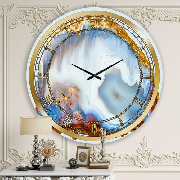 Designart 'Chalcedony Quartz Gold And Blue I Modern Wall Clock
