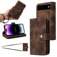 thumbnail image 1 of ELEHOLD for Google Pixel 6 Pro Wallet Case, PU Leather 6 Card Slots Removable Adjustable Crossbody Necklace Lanyard Shoulder Strap Zipper Bag Anti-Falling Rugged Case for Google Pixel 6 Pro,Brown, 1 of 6