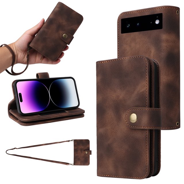 for Google Pixel 6 Pro Wallet Case, PU Leather 6 Card Slots Removable Adjustable Crossbody Necklace Lanyard Shoulder Strap Zipper Bag Anti-Falling Rugged Case for Google Pixel 6 Pro,Black