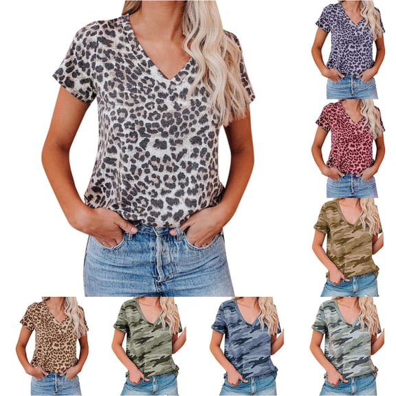 YMNXA Womens T Shirts Summer Short Sleeve V Neck Camouflage Print Fashion Breathable Loose Fit Tee Top For Everyday Wear,Grey,L