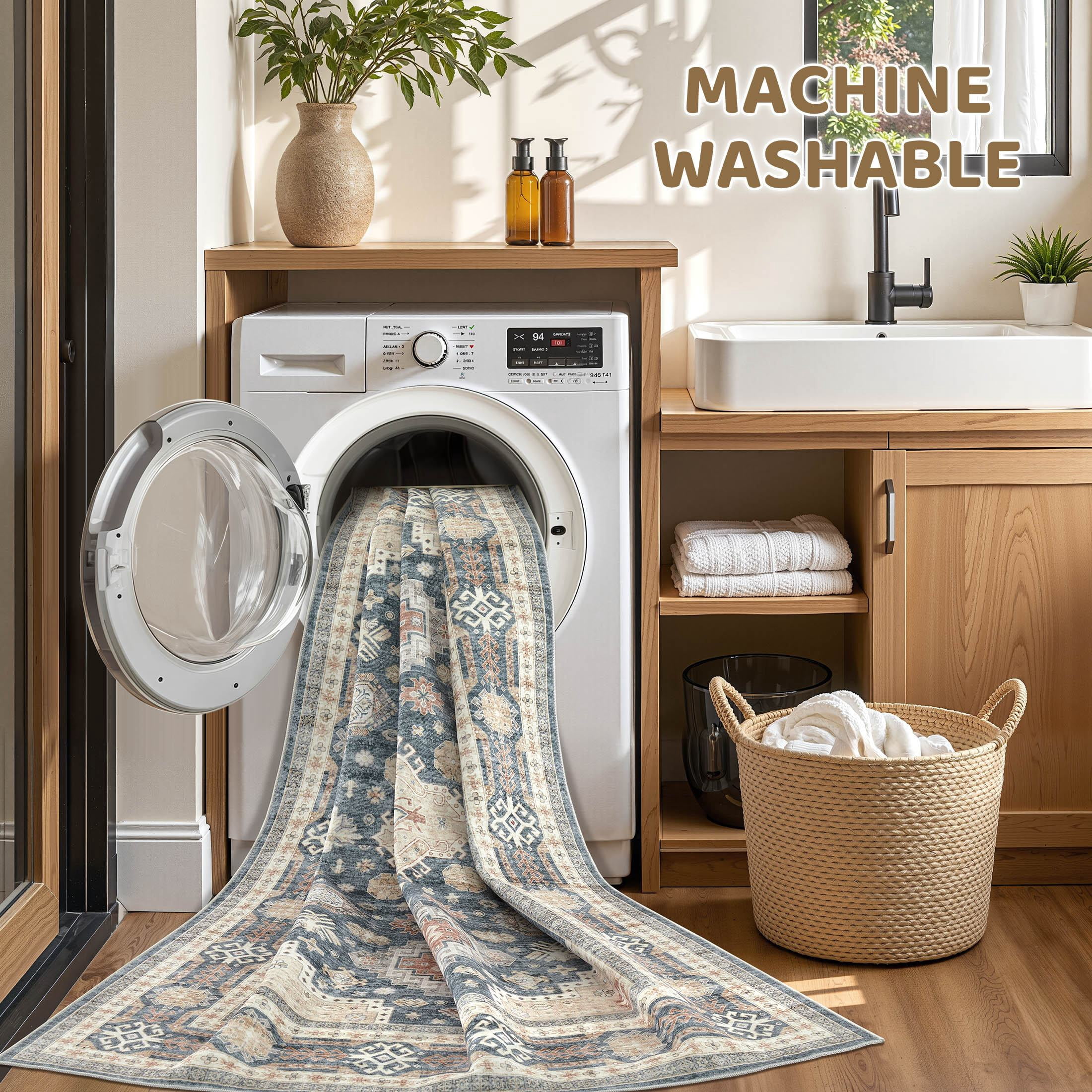 UERMEI 10'x14' Washable Area Rugs for Living Room, Modern and Vintage Non Slip Carpet, Low Pile Indoor Rug for Bedroom Home Decor Carpets, Blue Brown