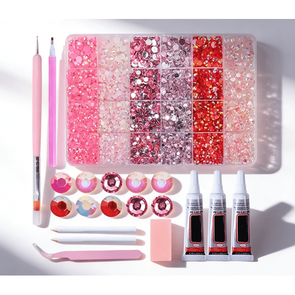 DIY Rhinestone Craft Kit, 24 Grid Pink Rhinestones Bedazzle Kit with B7000 Glue, Qiipii Rhinestones for Nails Phone Case Jewelry Making