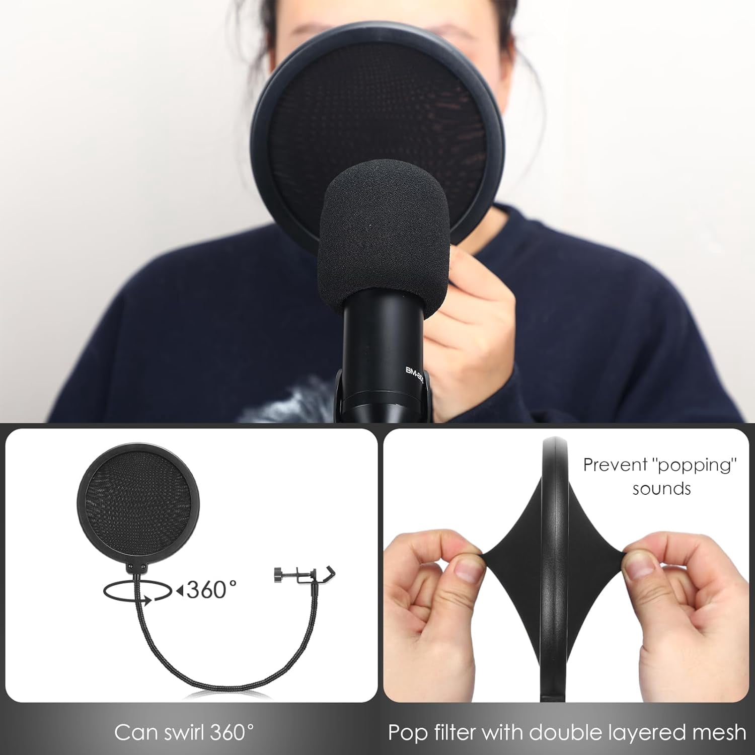 2 Pcs Adjustable Tripod Microphone Stand with  Arm, Windscreen & Clips for Live Stream Singing Stage Studio  Height 60 Inch