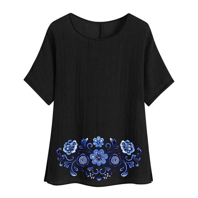 Camiseta de Mujer Camiseta de Manga Corta Impresión Casual Raglan Suelto de Lino Top Blusas, Cuello de la Tripulación