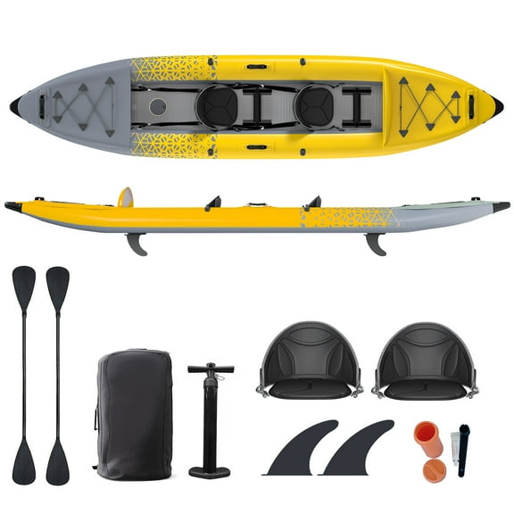 Bezliving 2-Person Inflatable Kayak for Adults, Heavy-Duty PVC, Drop-Stitch Floor, Lightweight, Portable, and Durable Tandem Kayak for Fishing, Touring, and Water Sports, Yellow