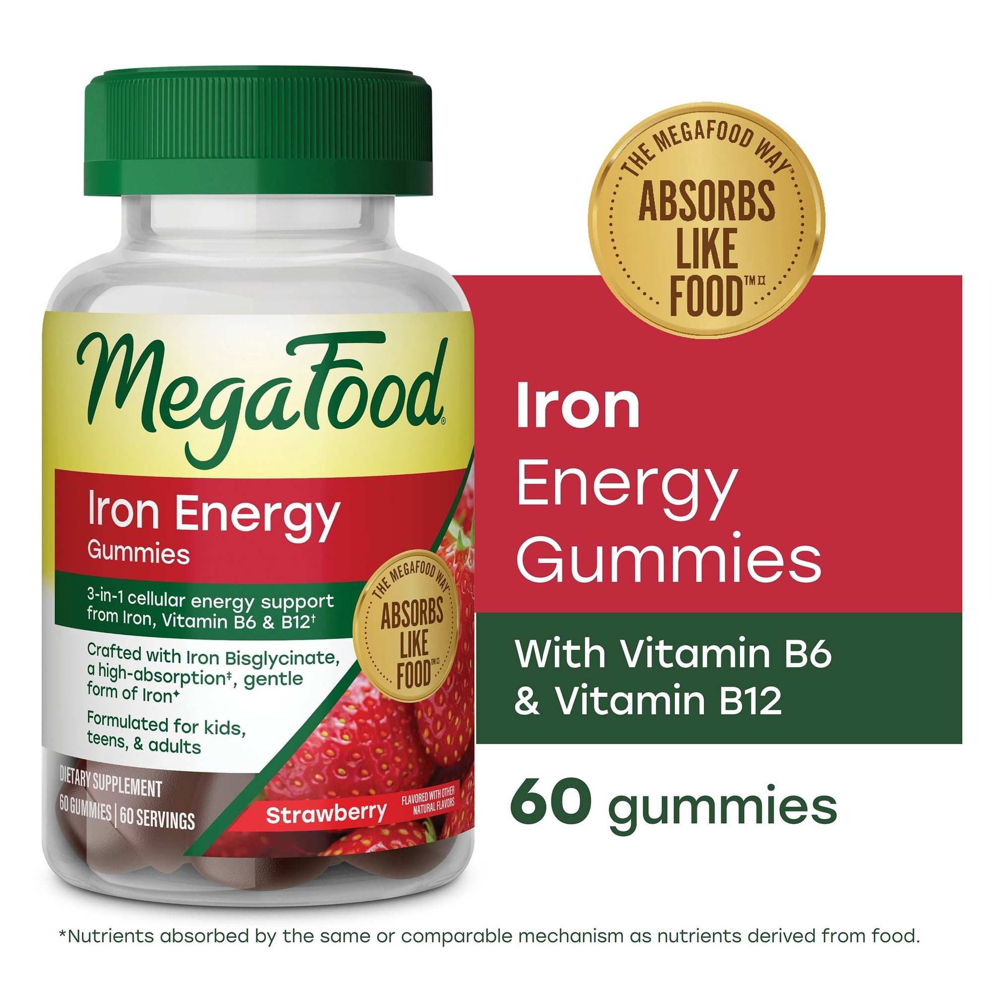 MegaFood Iron Energy Gummies, Iron Supplement for Women, Men, Teens & Kids with Vitamin B12 & B6, Vitamins, from The Makers of Blood Builder Supplement, Strawberry Flavor, 60 Count