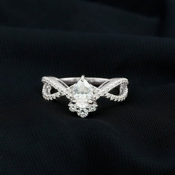 Brig Jewelry 1.7 Ct Pear Cut Moissanite Engagement Ring - 14K White Gold Plated Criss Cross Wedding Ring - Promise Ring - 9th Anniversary Gift for Women