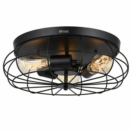 

OUKANING 15 Retro Industrial Ceiling Light 3-Lights Flush Mount Metal Cage Lamp Fixture