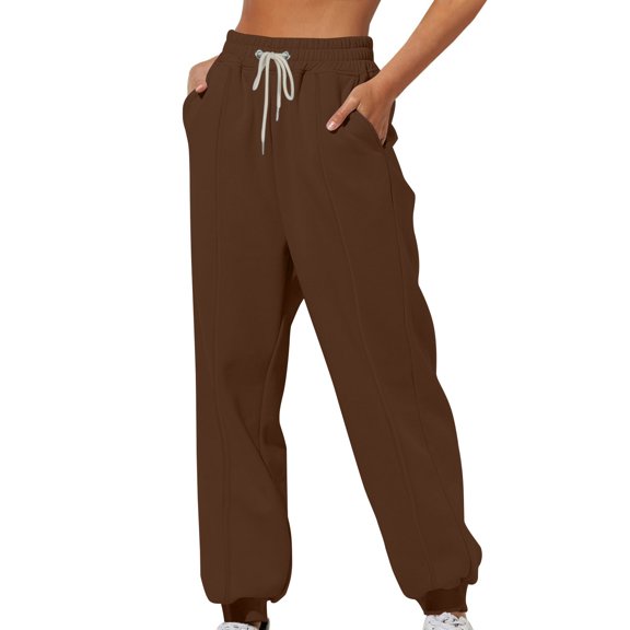 Symoid Womens Sweatpants, Fleece with Pockets Casual Sweat Pants Drawstring Joggers Brown ,L