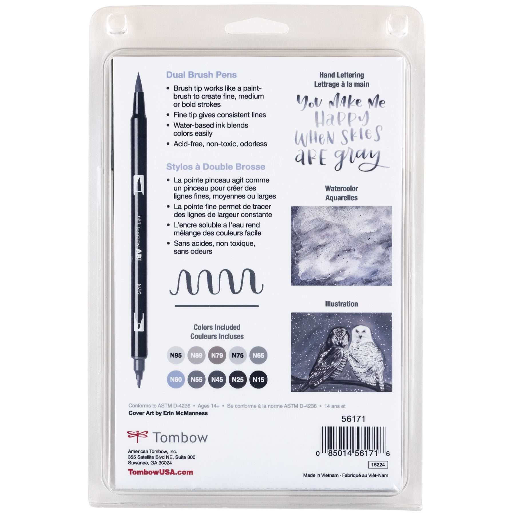 Tombow 56171 Dual Brush Pen Art Markers Blendable 10-Pack Grayscale Brush and Fine Tip Markers 