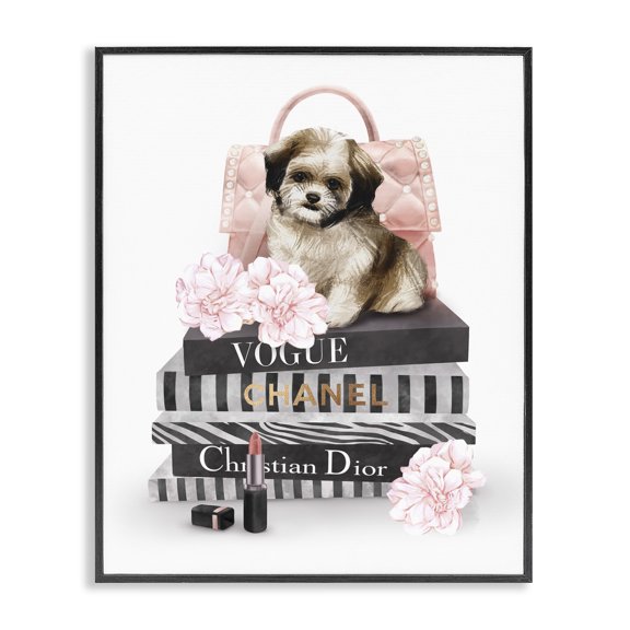 Stupell Industries Art Deco Fluffy Puppy on Fashion Books Pink Florals Black Framed Giclee Art, 11 x 14, by Ziwei Li
