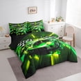 thumbnail image 2 of Castle Fairy Neon Race Car Trio Bedding Comforter Set 7pcs for Boys, Checkered Flag Design Queen Bedding Sets for Bedroom, Green Yellow,Black Reversible, 2 of 7