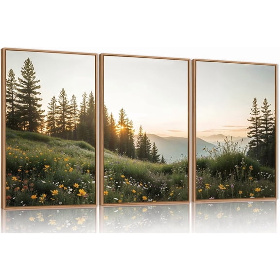 Green Forest Mountain Framed Canvas Wall Art Set, Wildflower Meadow Wall Decor, Floral Pictures Artwork, Nature Sunset Landscape Art Prints for Living Room, Bedroom, Office - Size 16"x24"x3
