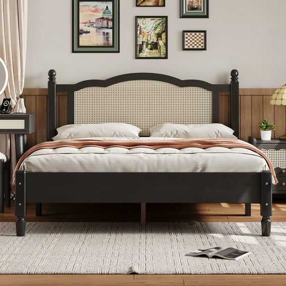Modern Bohemian Wooden Queen Size Bed Frame with Rattan Headboard, Vintage Platform Bed with Wooden Slat Support, Box Spring Not Required, Black, Queen