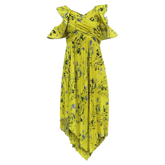 Pre-Owned Self-Portrait Pleated Floral-Print Midi Dress in Yellow Polyester