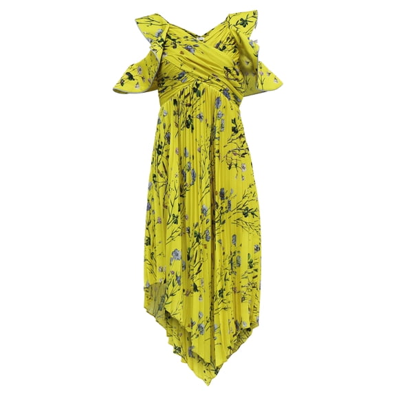 Pre-Owned Self-Portrait Pleated Floral-Print Midi Dress in Yellow Polyester
