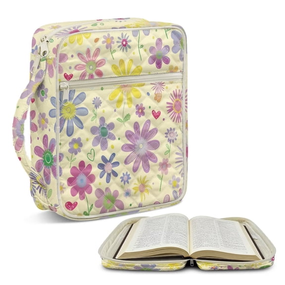 chaqlin Cartoon Flower Bible Cover with Top Handle, Quilted Carrying Book Case for Men Women Church Bag Bibles Protective with Zippered Pocket, Bibles Study Accessories Supplies