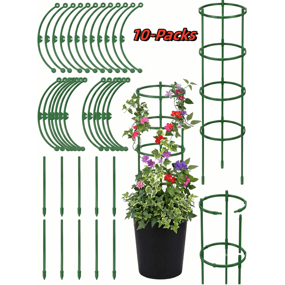 10-Pack Plant Support Cages for Climbing Plants | Tomato Flower Cage with Adjustable Height & Stabilizing Rings | 15x10cm Garden Stakes for Vines, Potted Plants & Small Tomatoes