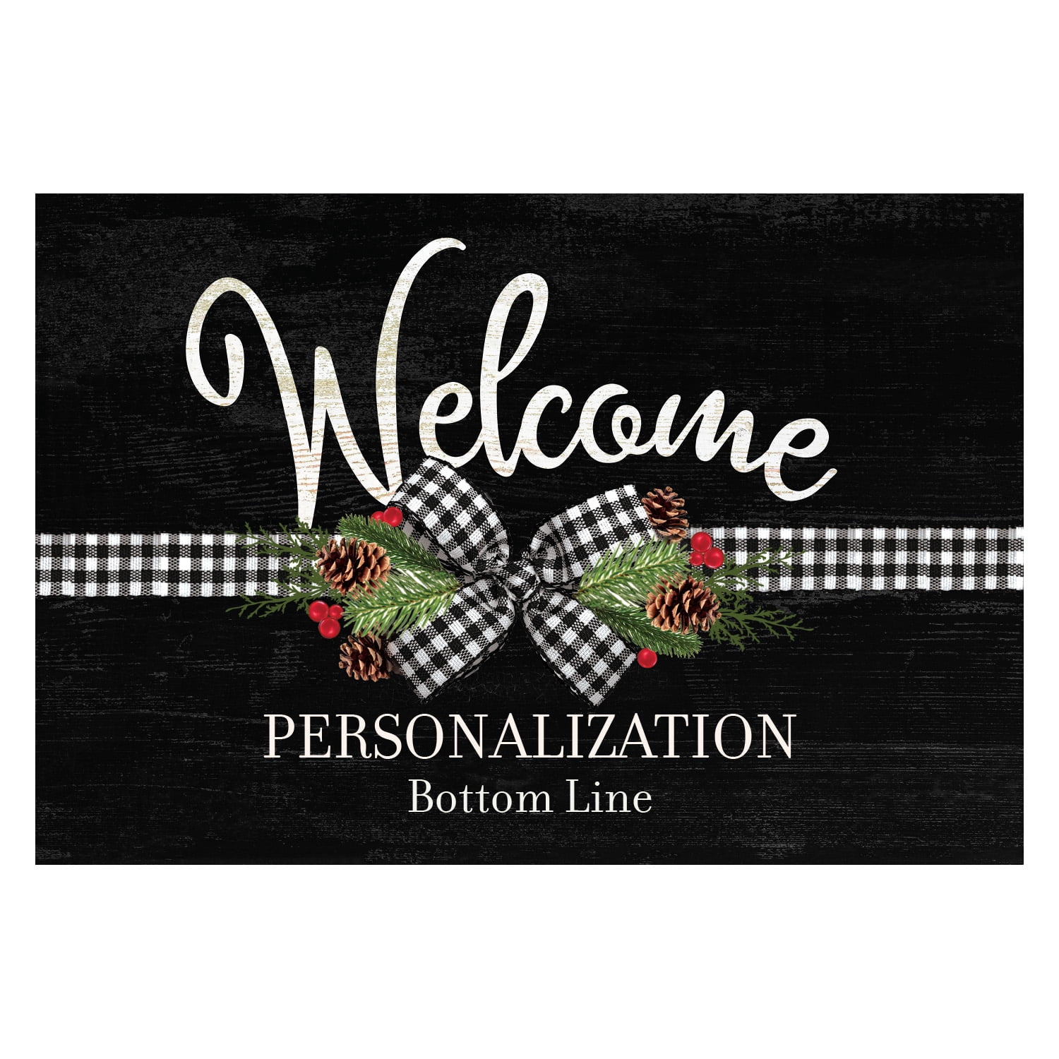 Personalized Planet 27x18 Plaid Christmas Bow and Pine Welcome Doormat with Custom Personalization Printed on Black Rectangular 1/8” Thick Non Slip Mat for Kitchen Hallway Deck or Porch