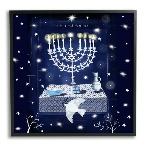 Stupell Industries Light & Peace Menorah Stars Holiday Painting Black Framed Art Print Wall Art