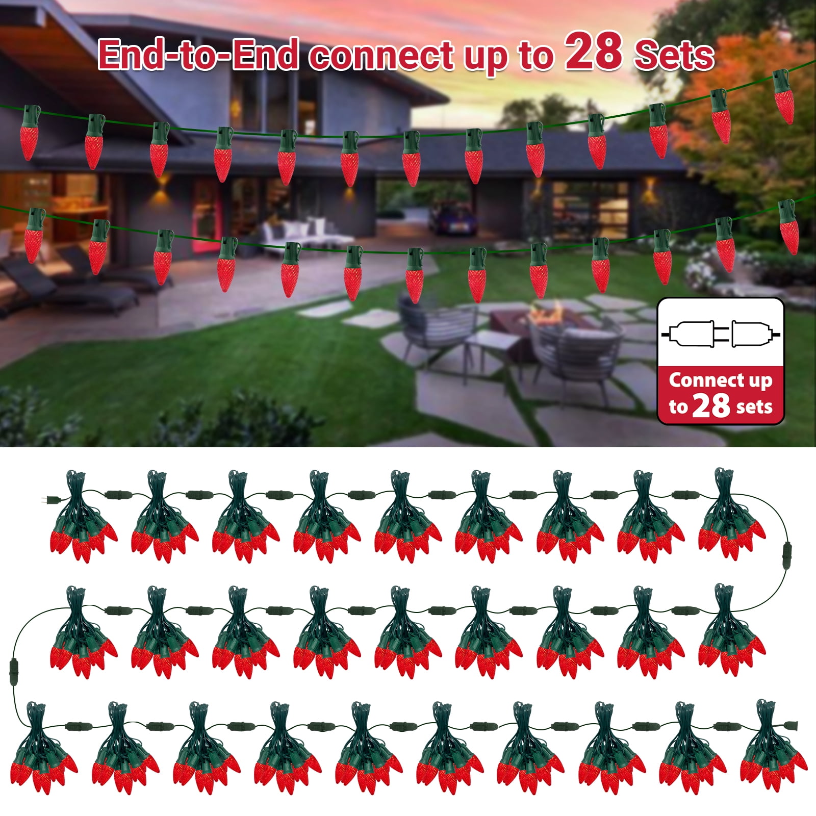 LAMPHOME Red C9 Christmas String Light Outdoor, 25FT Shatterproof LED for House Rooflines & Pathways, Connectable Waterproof Vintage Christmas Light for Tree, Yard, Patio, Porch, Garden