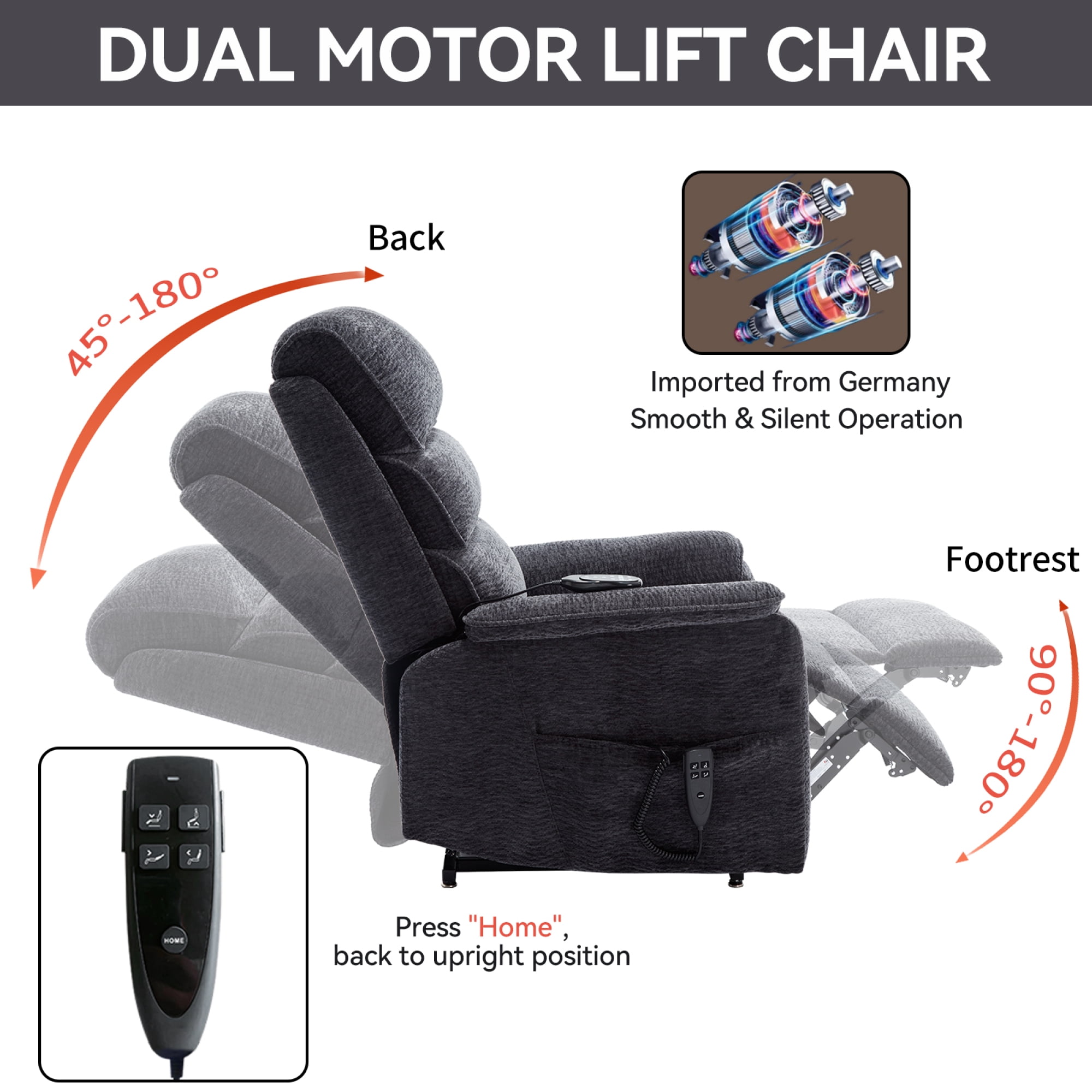 Power Lift Recliner Chair for Elderly, Large Chenille Recliner Chair with Massage and Heat, Overstuffed Wide Recliners with Power-Remote, Up to 350 LBS, Grey