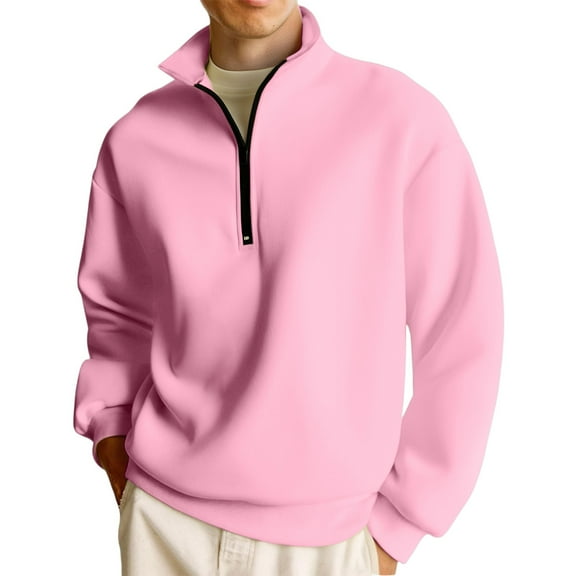 Zimjoy Mens Quarter Zip Pullover Long Sleeve Mock Neck 1/4 Zip Pullover Mens Casual Sweatshirts for Men Pink Sweatshirt Lightweight Fall Clothes, Pink L