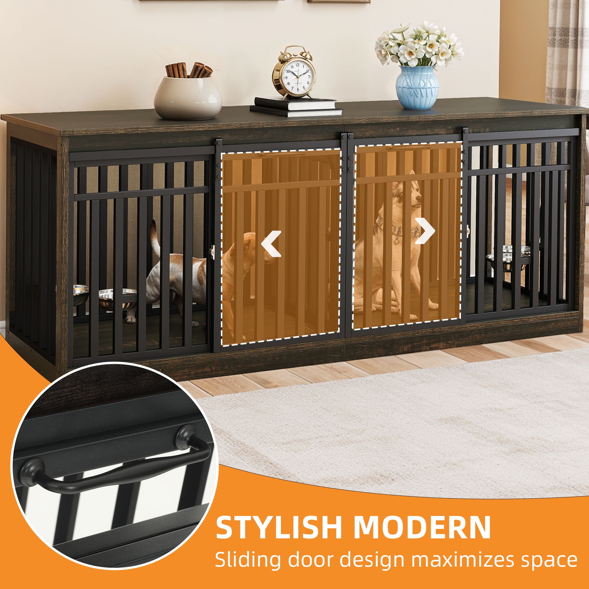 Craftian 71In Farmhouse Dog Crate TV Stand, Wooden Dog Kennel Furniture with 4 Dog Bowls, Large Dog Crate Furniture for 2 Dogs - Black Oak