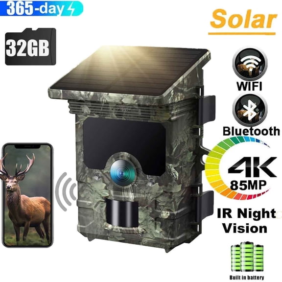 CAMPARK Solar Trail Camera 85MP 4K 2200mAh Built-in Lithium Battery Rechargeable WiFi Game Camera with Night Vision Waterproof IP66 0.1s Trigger Speed 120°Wide Angle 2.0" LCD Hunting Cam with SD Card