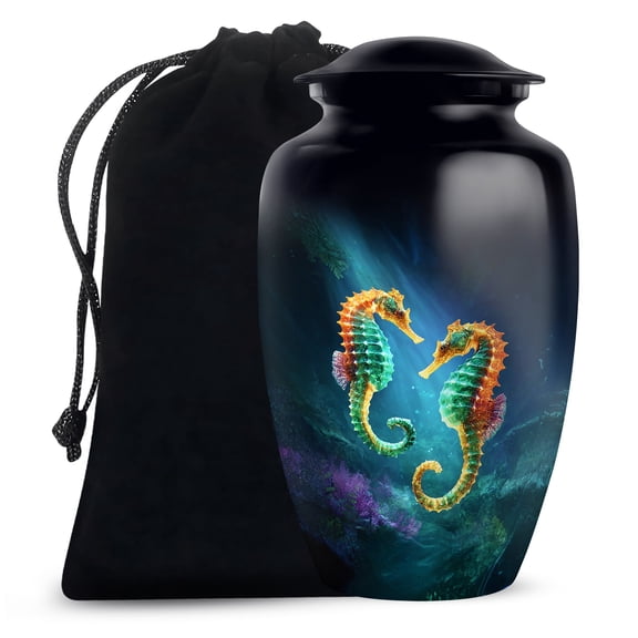 Sea Horse Urns for Human Ashes Adult, Cremation Funeral Urn for Female - Memorial Decorative Urn - Ashes Urns Keepsake - 6inch, Medium Size with Velvet Bag - 1pcs